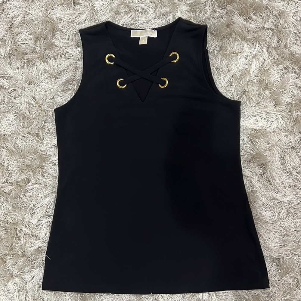 Michael Kors woman’s jet black sleeveless vneck blouse with gold ringlets